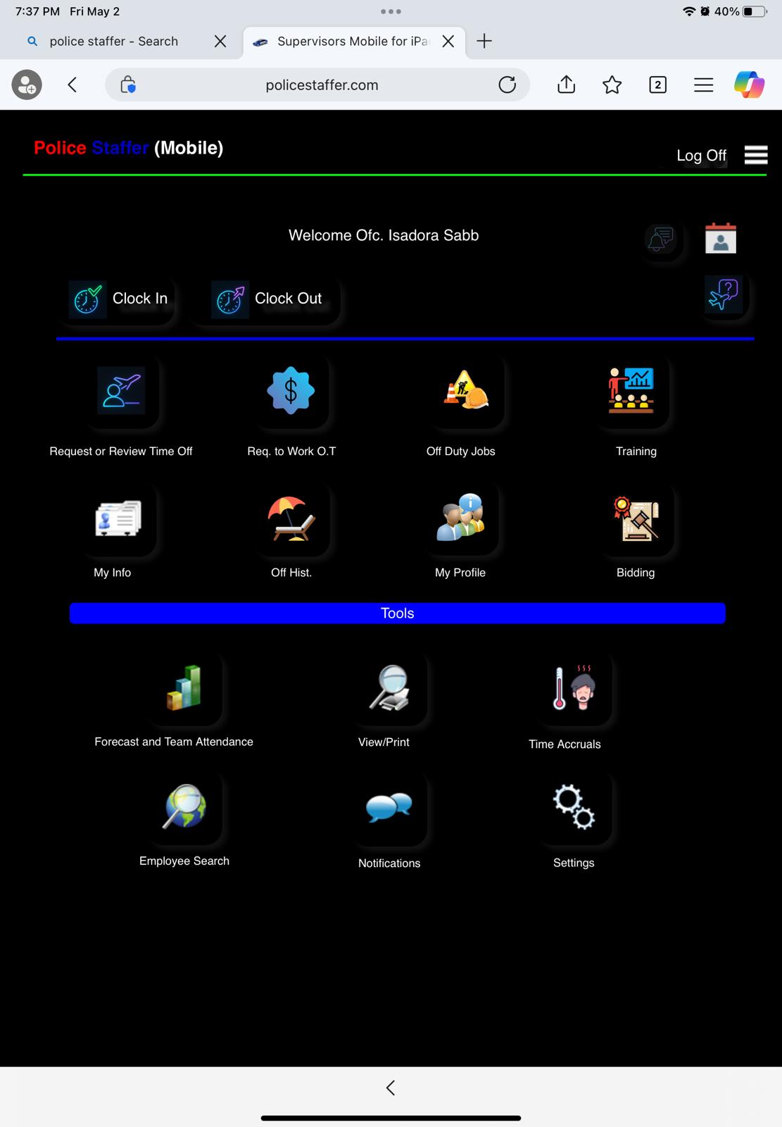 Police Staffer mobile app showing the daily shift schedule for an officer or Supervisor using an iPad