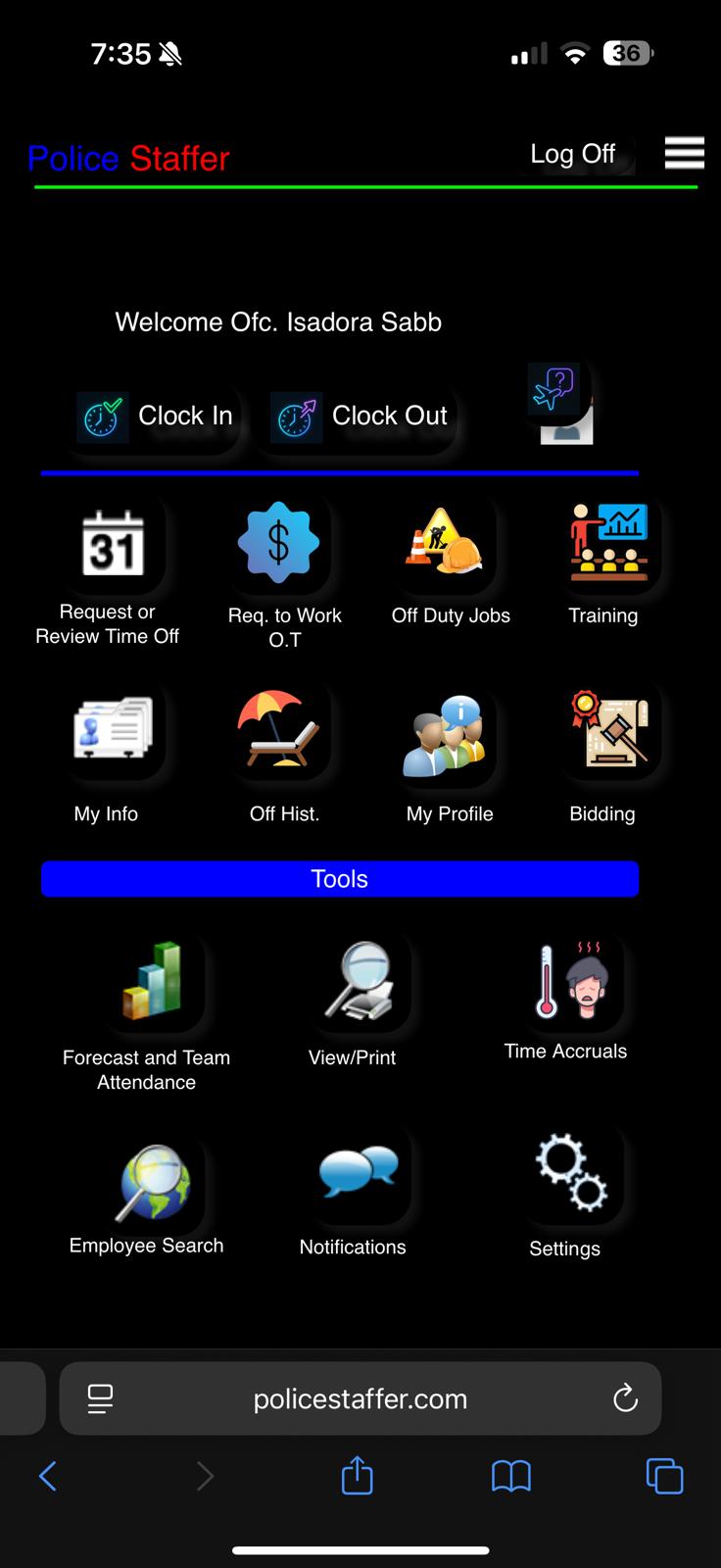Police Staffer mobile app showing the daily shift schedule for an officer